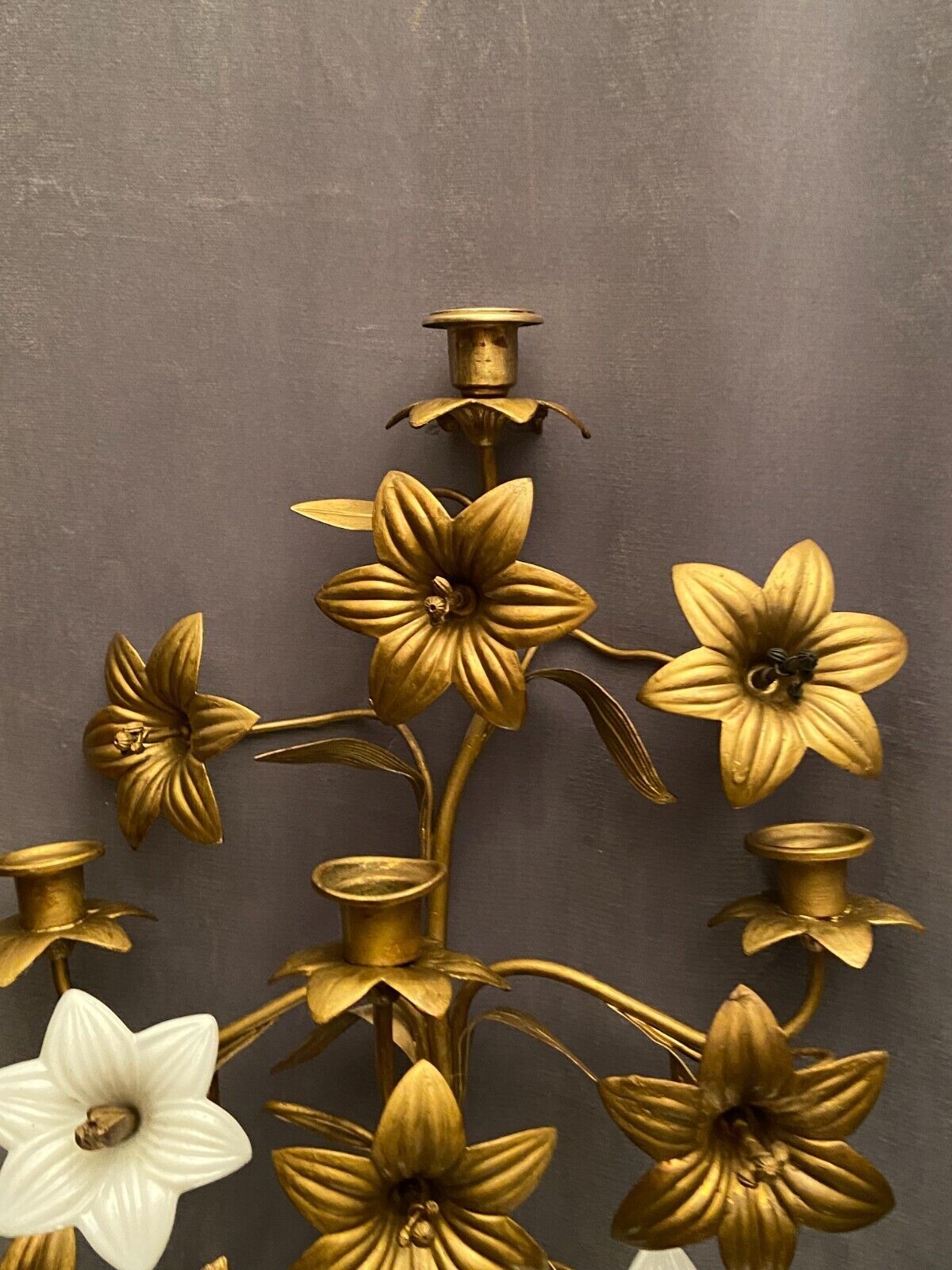 Pair of church candlesticks decorated with brass and opaline flowers nineteenth