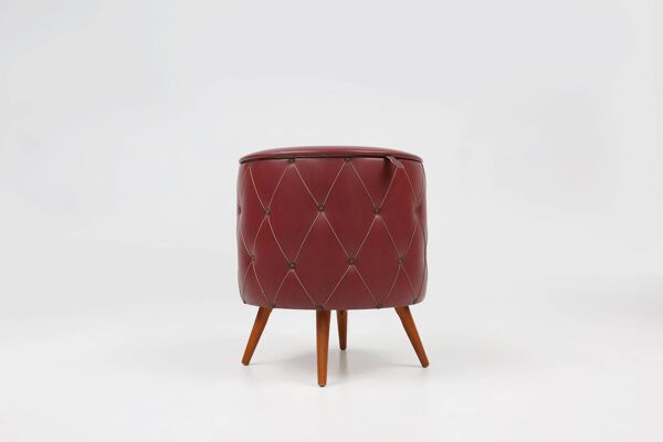 Pouf vintage avec rangement en simili cuir rouge foncé, France ca. 1950