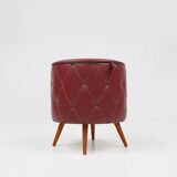 Vintage pouf with storage in dark red faux leather, France ca. 1950