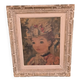 Old painting portrait of a woman with a flowered hat