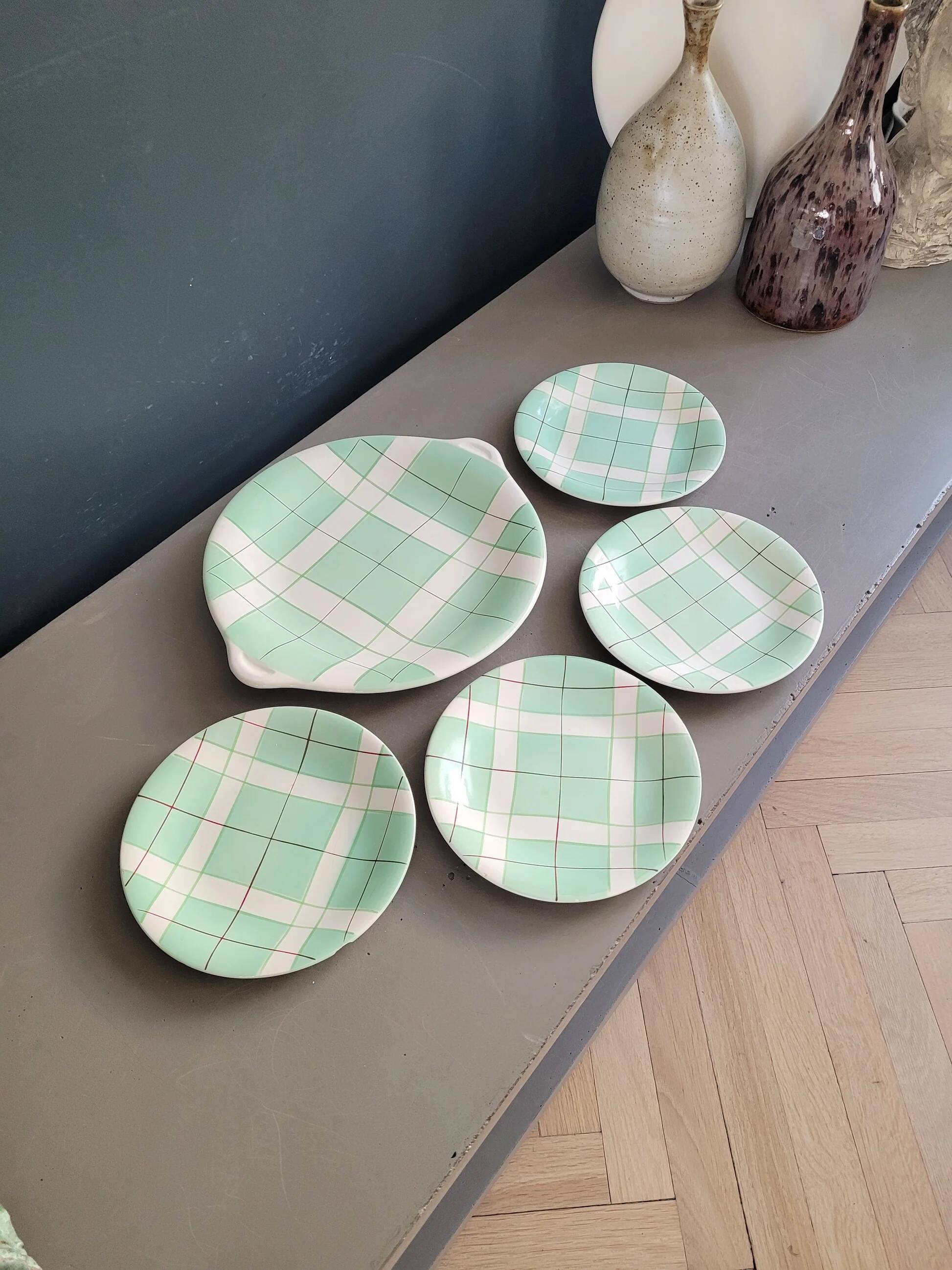 Dessert service - Dish and 4 plates Hossegor pottery from Salins - Ref 916
