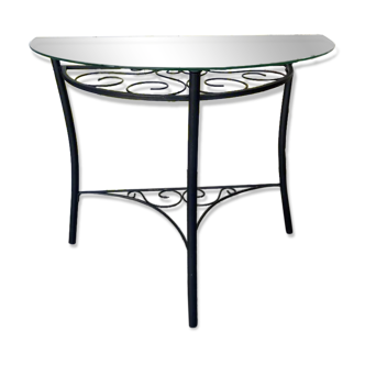 Half-moon console in black metal, beveled glass top