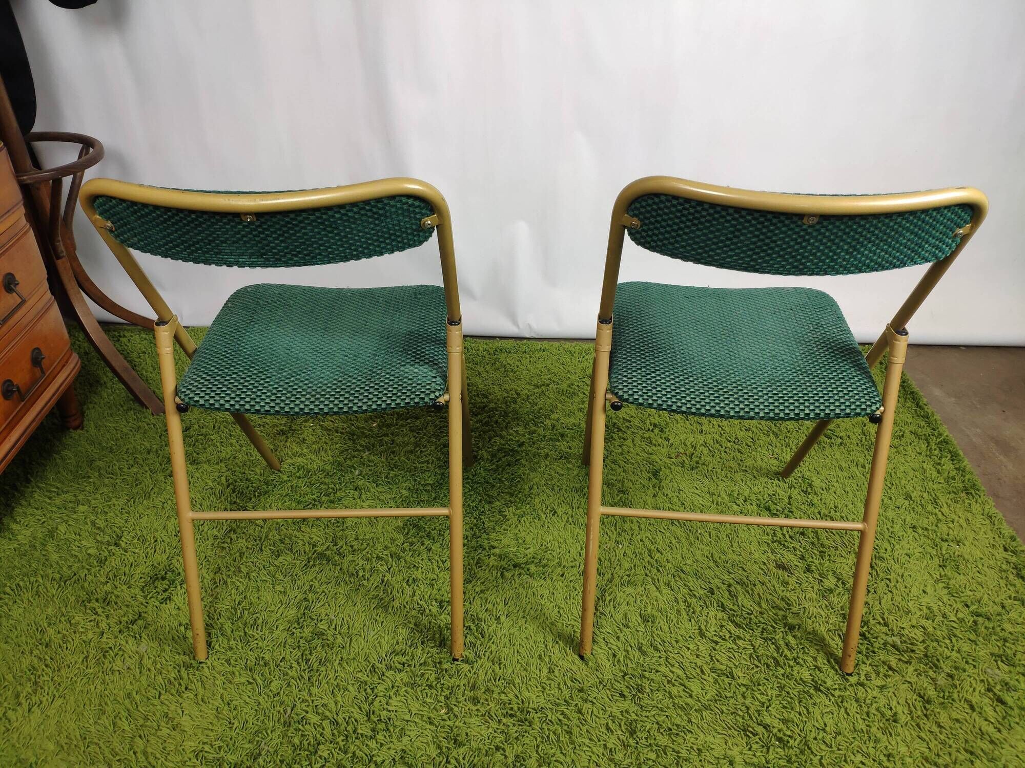 Lot of 4 folding chairs striped fabrics and green metal year 60