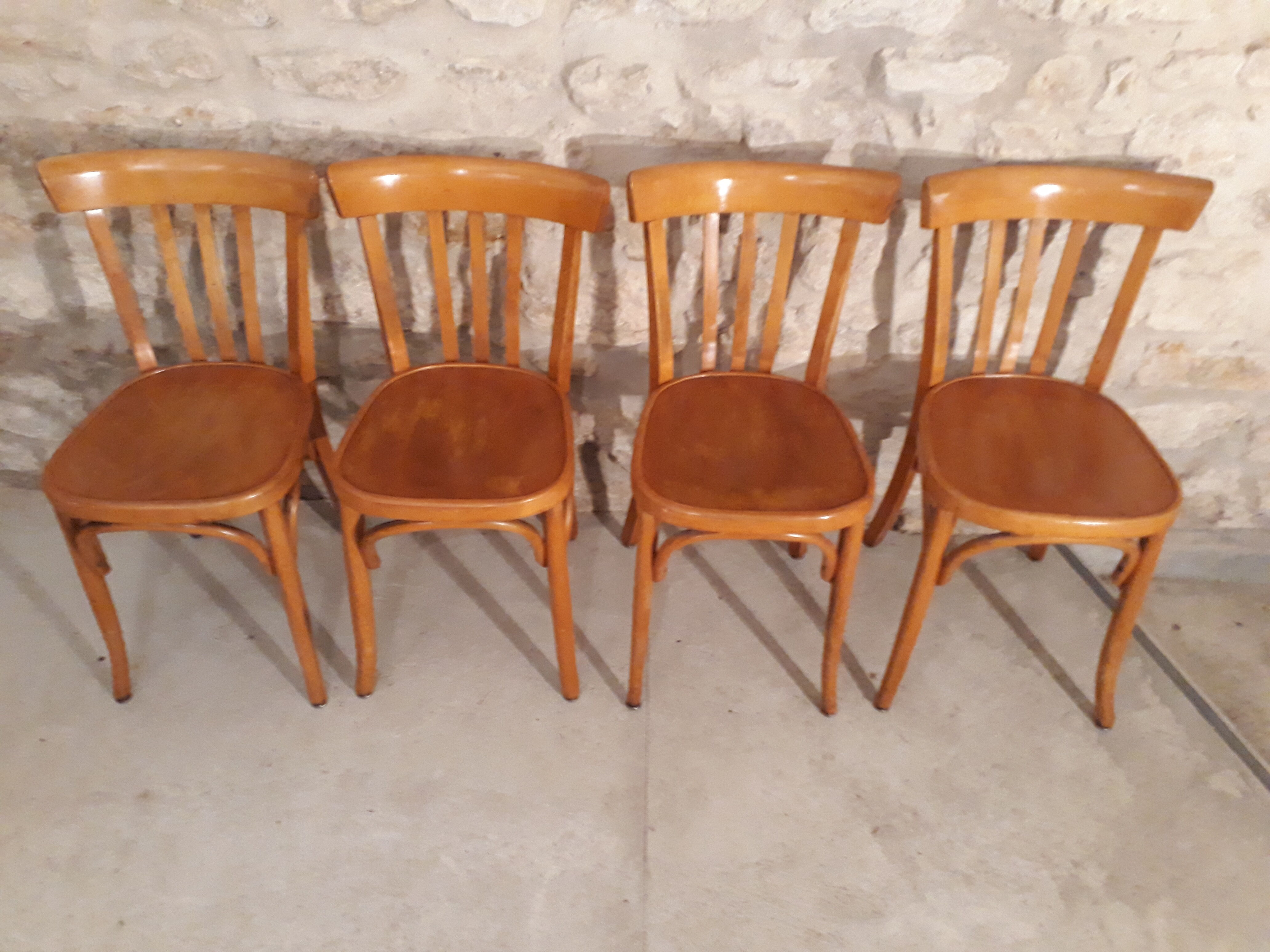 Ensemble de 4 chaises bistrot en bois courbé 3 barreaux  1935/40