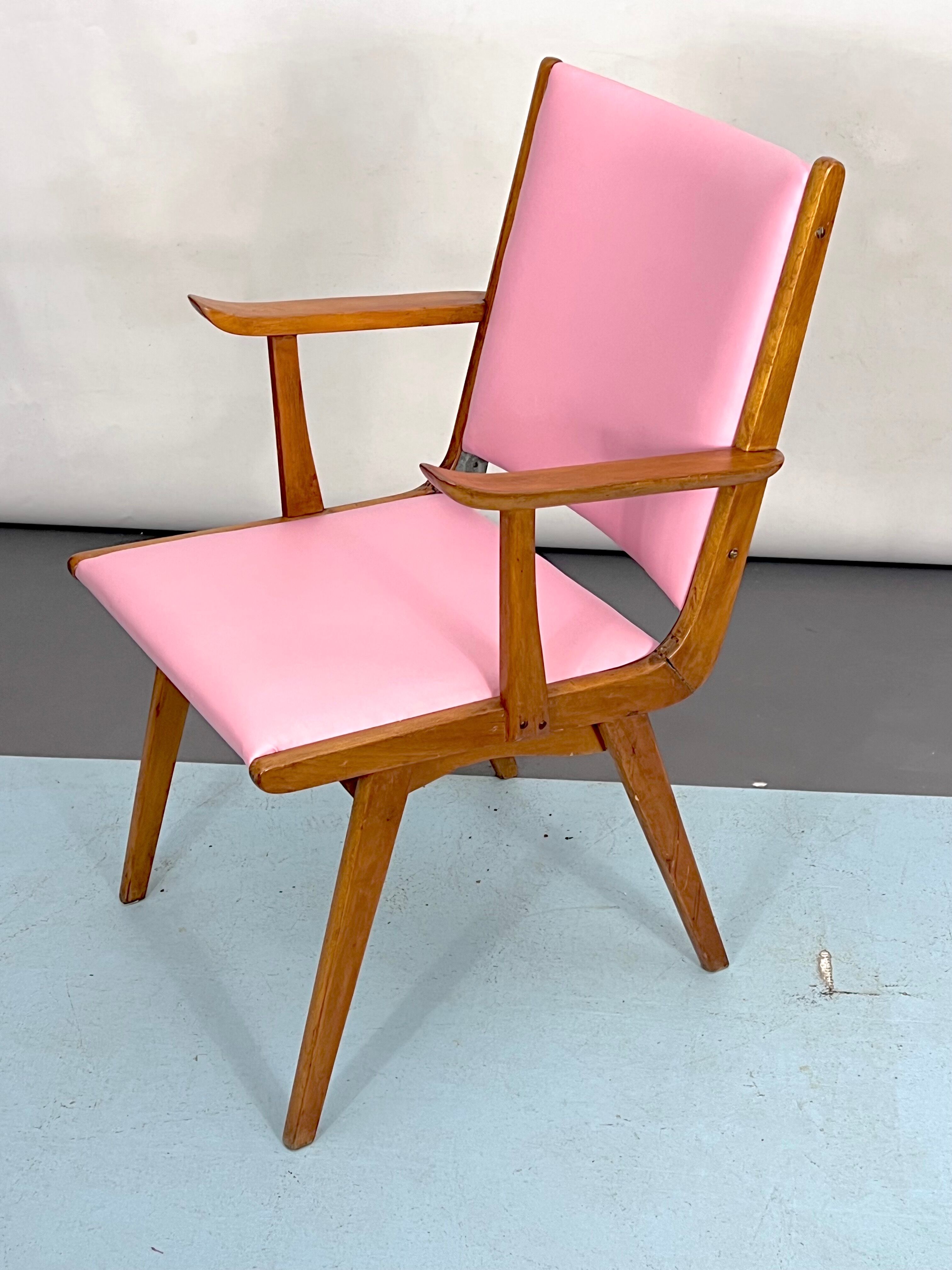 Vintage Italian wood accent chair in pink leatherette. Italy 1950s