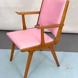 Vintage Italian wood accent chair in pink leatherette. Italy 1950s
