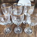 Set of 6 vintage red wine glasses with scrolled drinking rim and gold rim