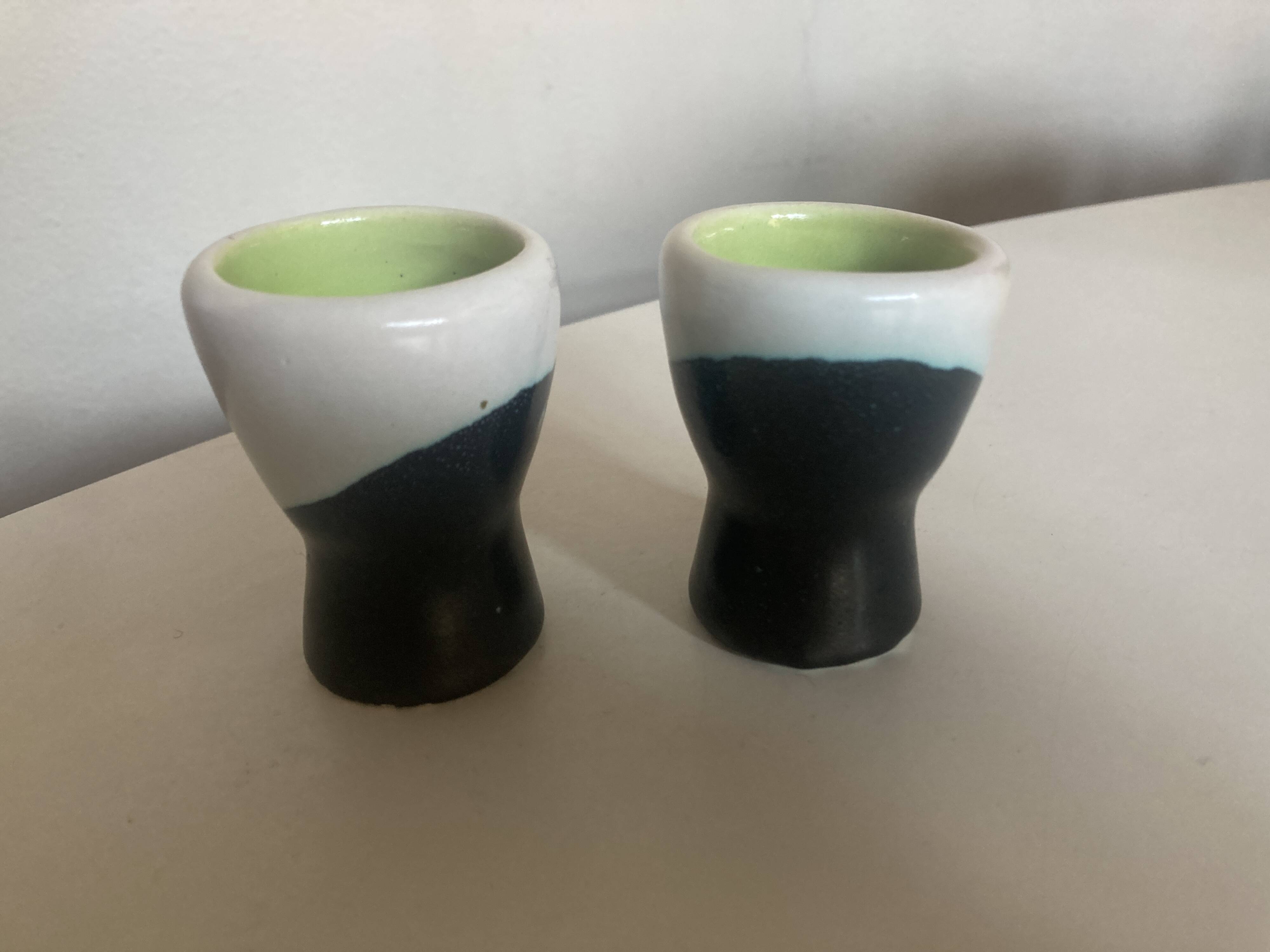 pair of green lined Vallauris 196O egg cups