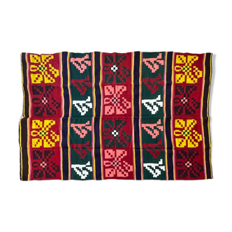 Floral wool kilim, red background with colorful flowers, handwoven in Romania