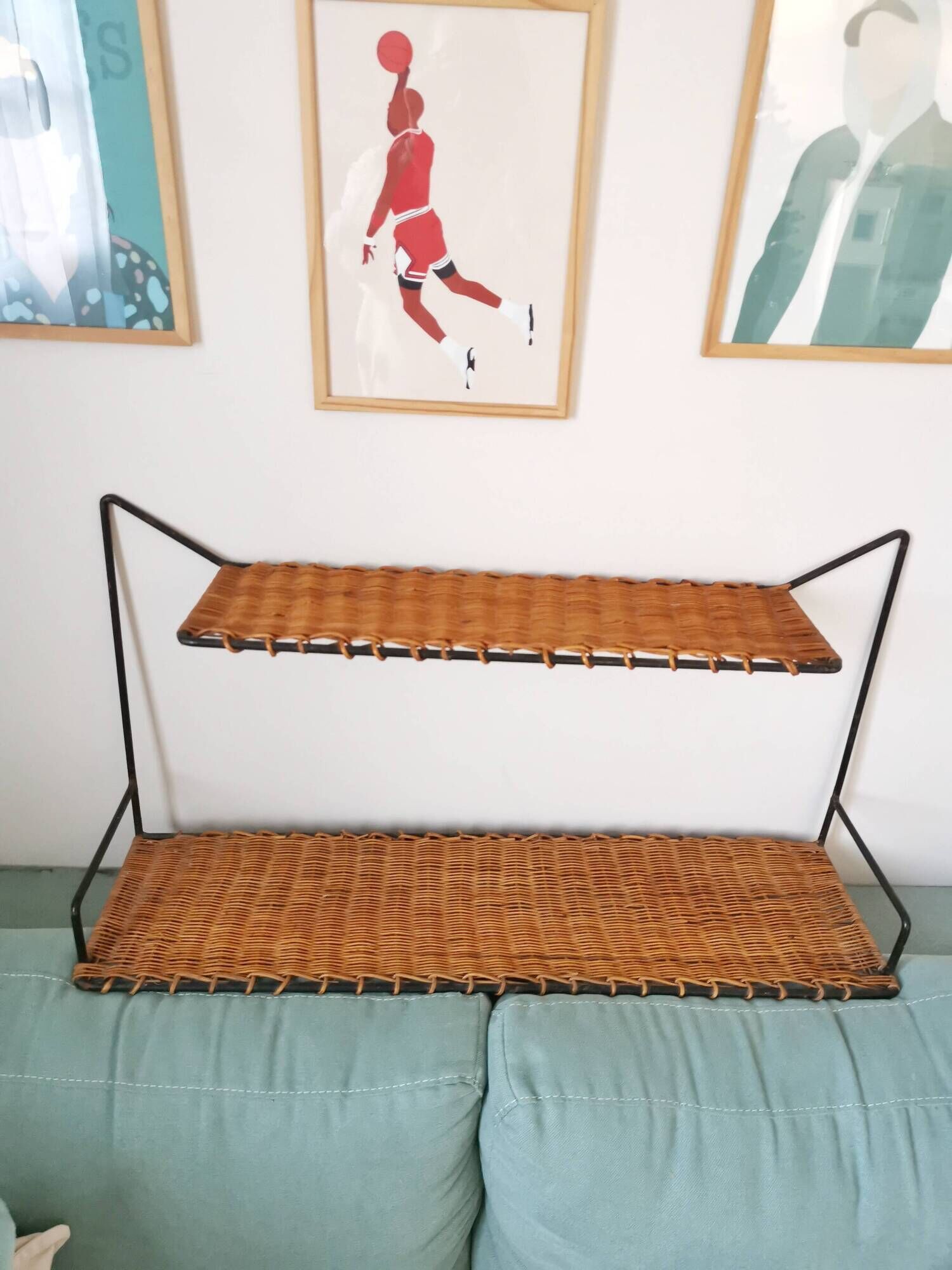 Double shelf Raoul Guys 50s wrought iron and wicker, vintage rattan