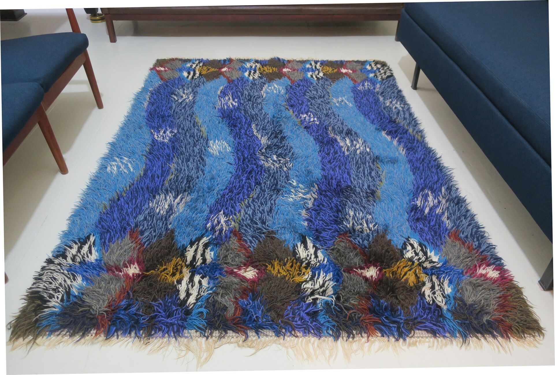 Vintage wave design blue Rya rug 202 cm x 145 cm, 1970s