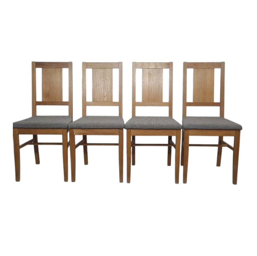 4 brutalist chairs in oak and checkered fabric, Denmark, 1960s