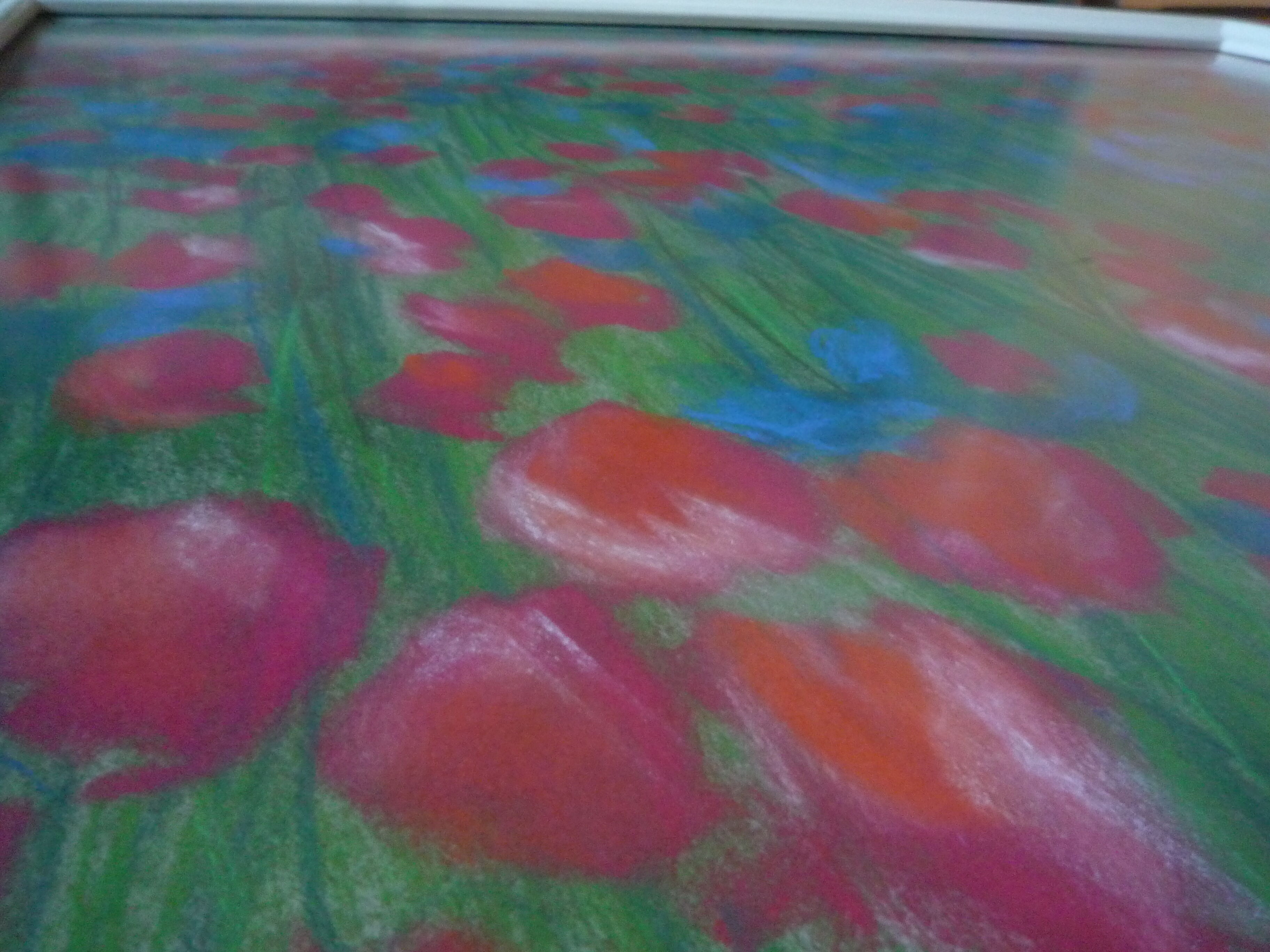 Original pastel field of poppies and blueberries, circa 1970