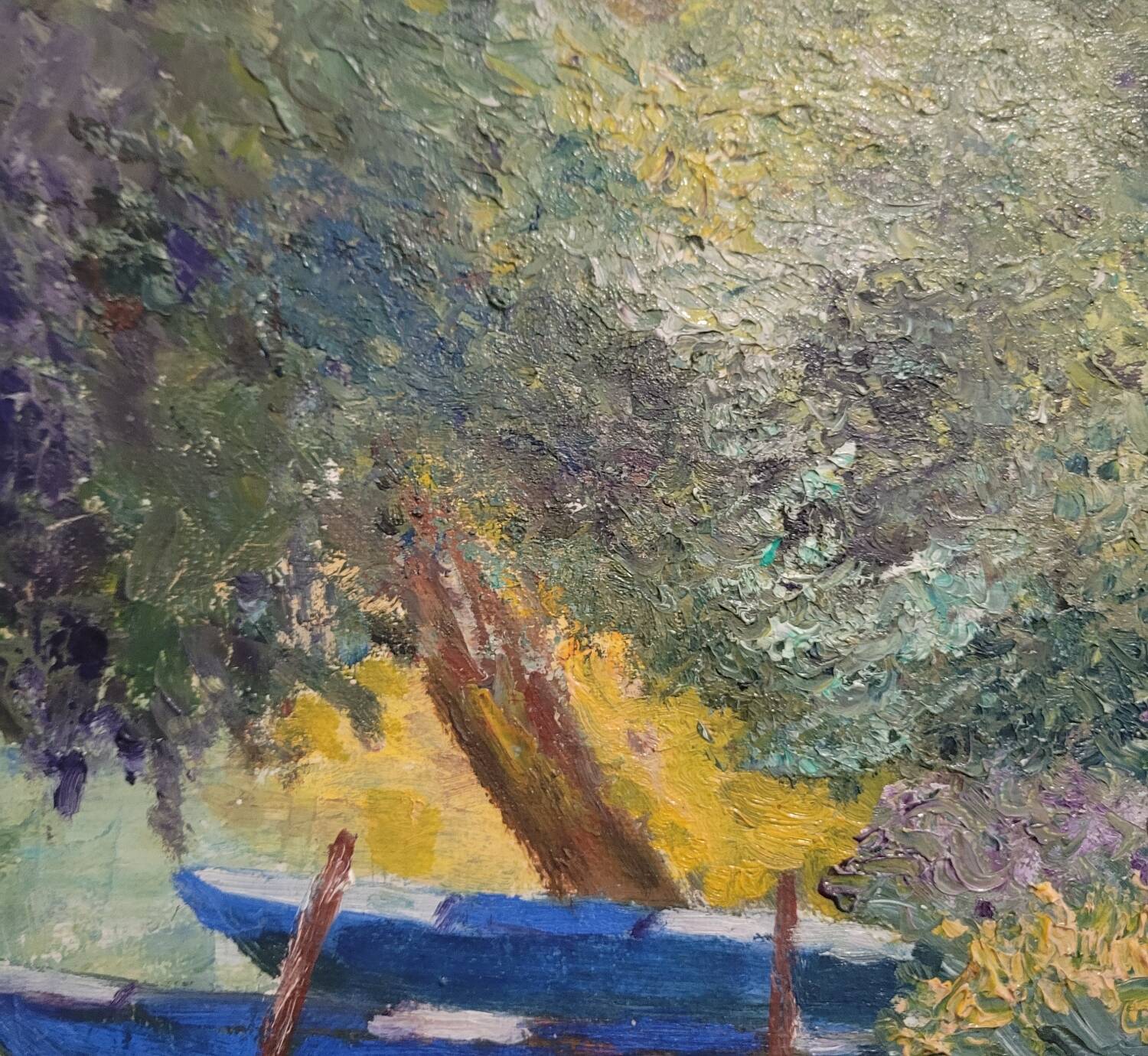 Old painting landscape boats trees 20th century