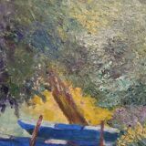 Old painting landscape boats trees 20th century