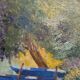 Tableau peinture ancienne paysage barques arbres xxème