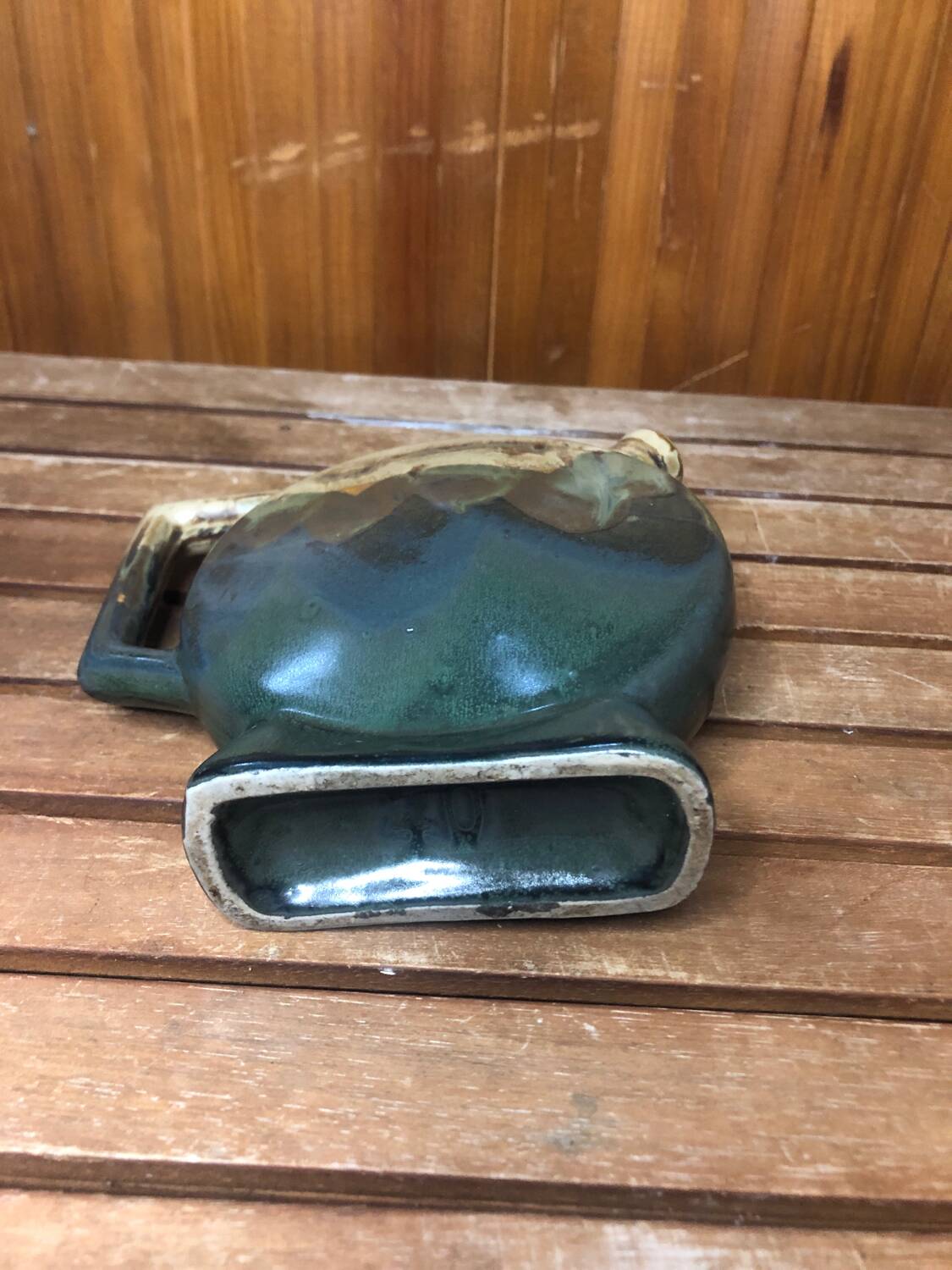 Old beige & green ceramic bottle + vintage handle