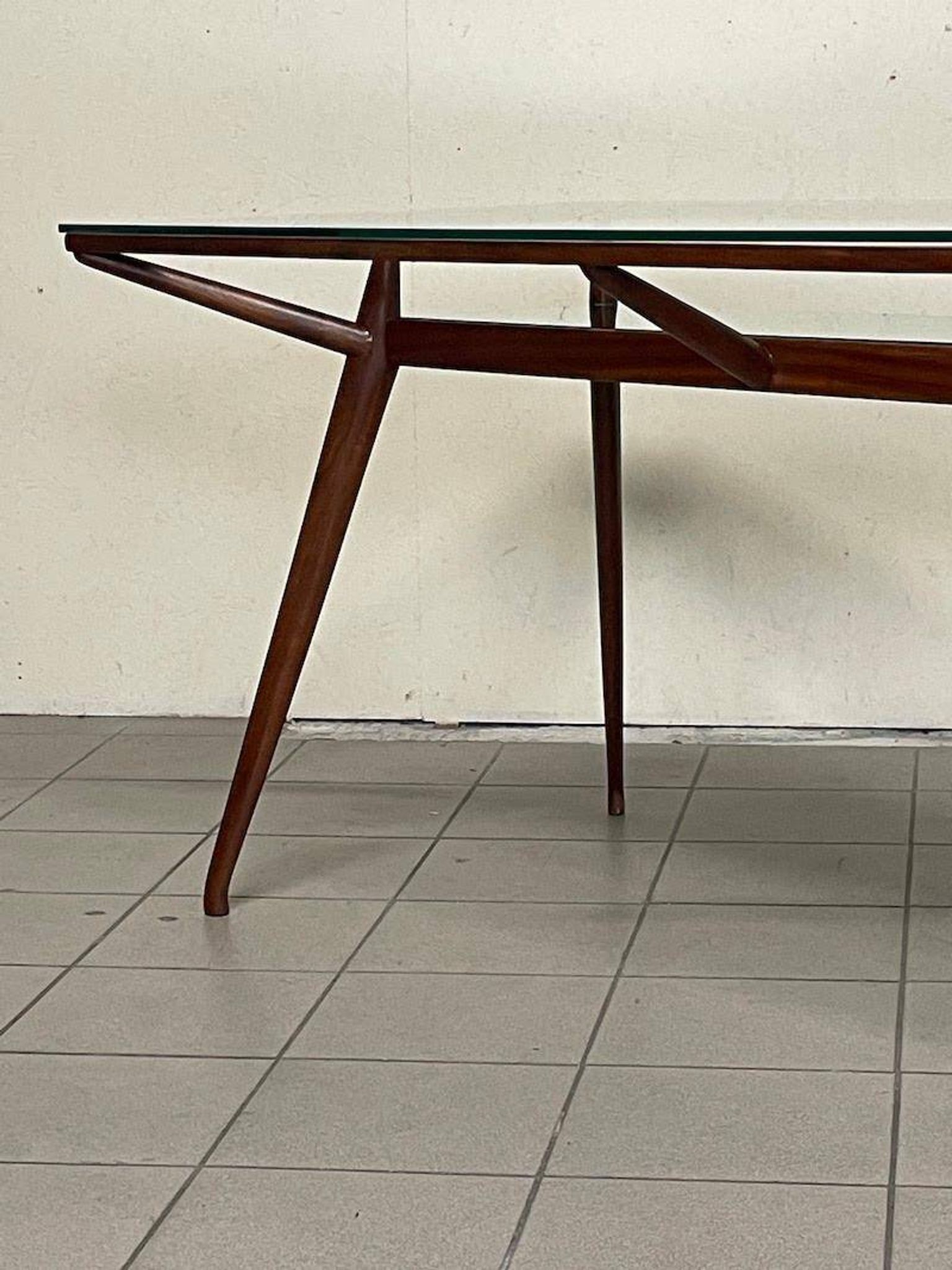1950s Italian Wooden Table with Double Glass Top
