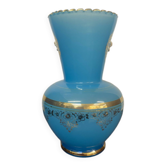 Blue opaline vase with golden decoration and inlaid cameos 1970s