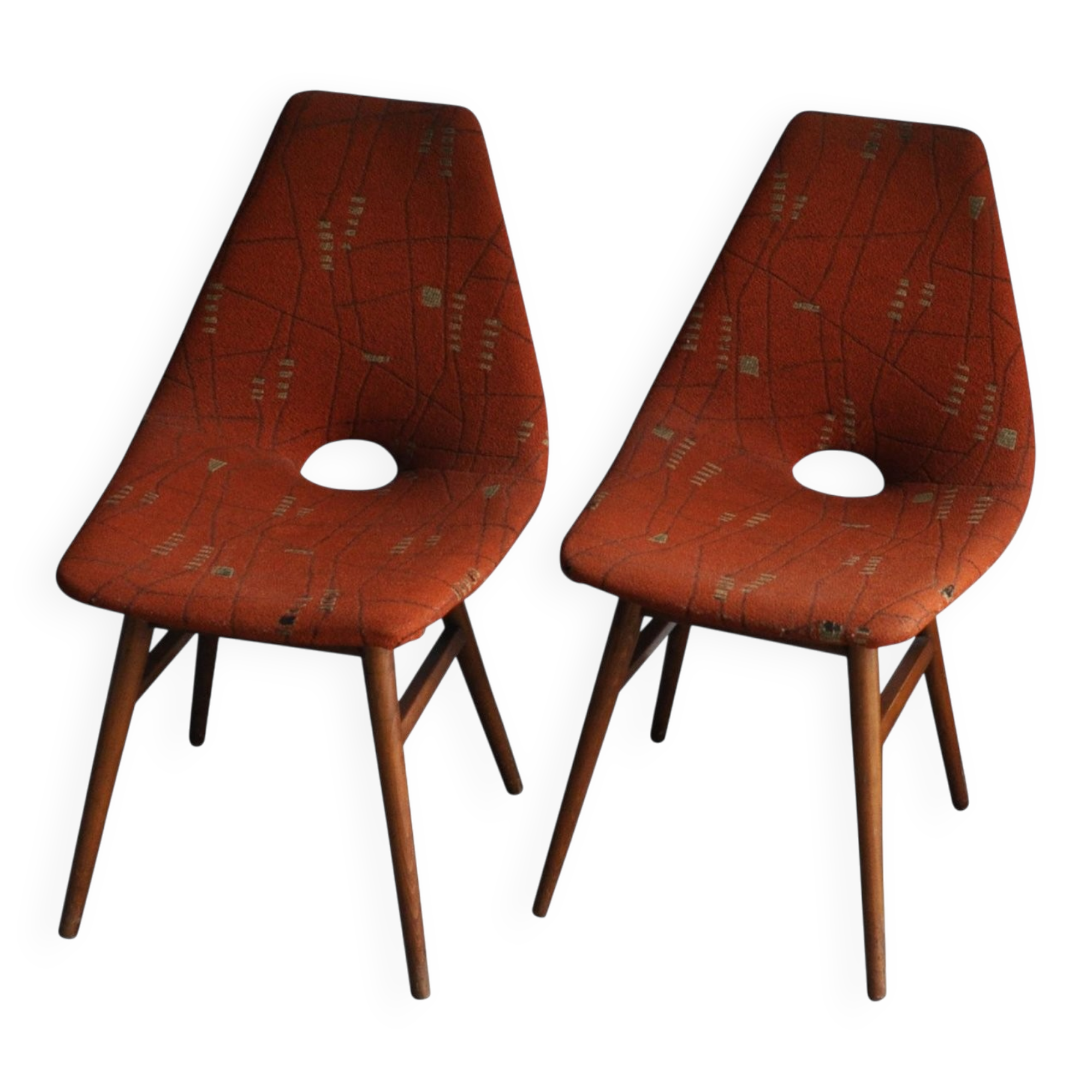 Pair of multicoloured fabric and wood Erika chairs — Judit Burián for SZKIV, 1959