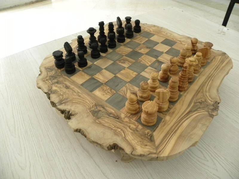 Rustic handcrafted olive wood chess set