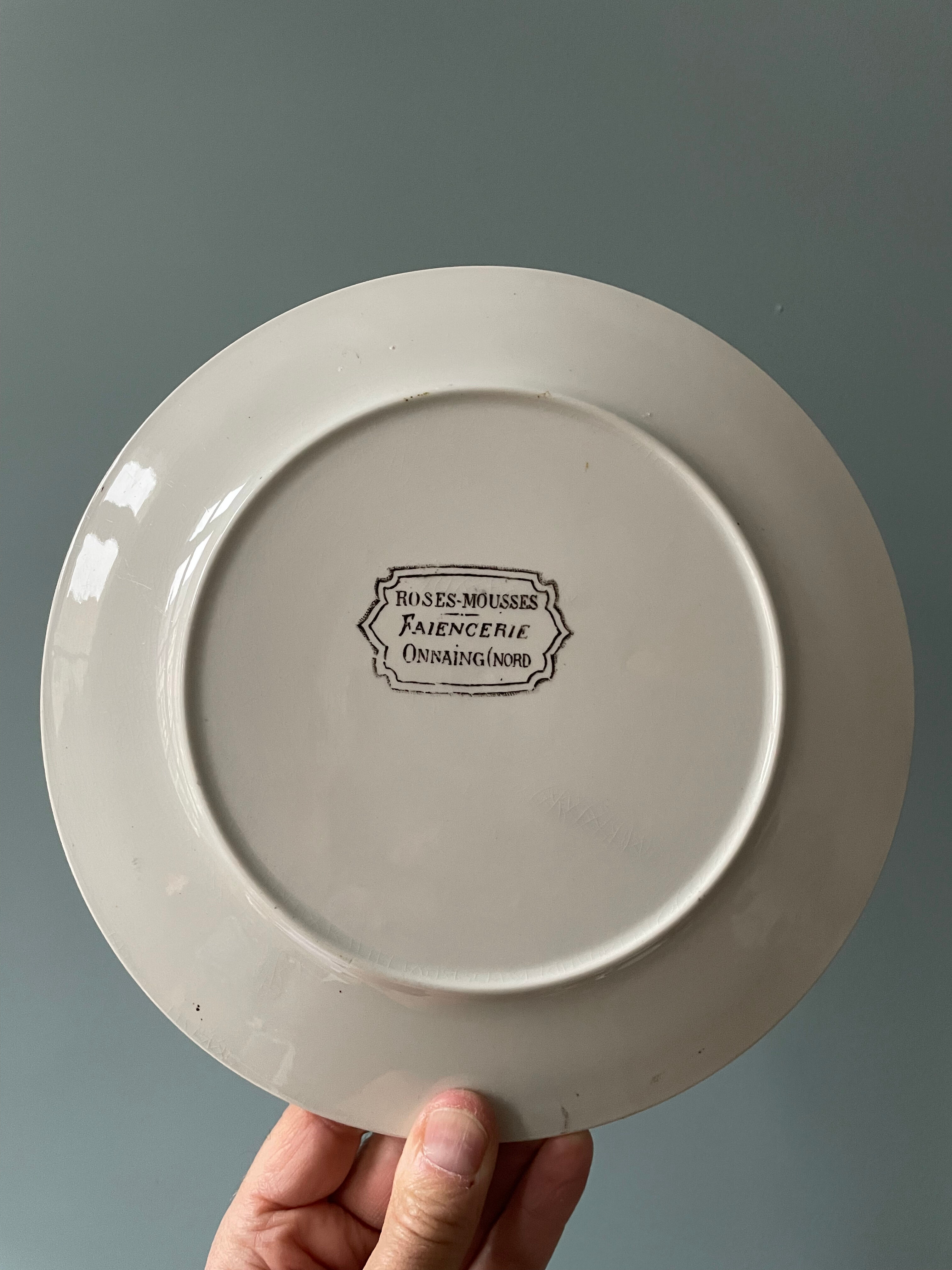 Set of 10 flat plates Terre de Fer Faïence d'Onnaing, model Roses-Mousses