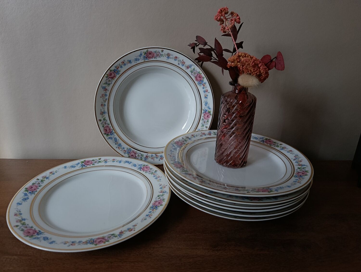 Set of 8 floral design plates | D.R.B. Limoges porcelain