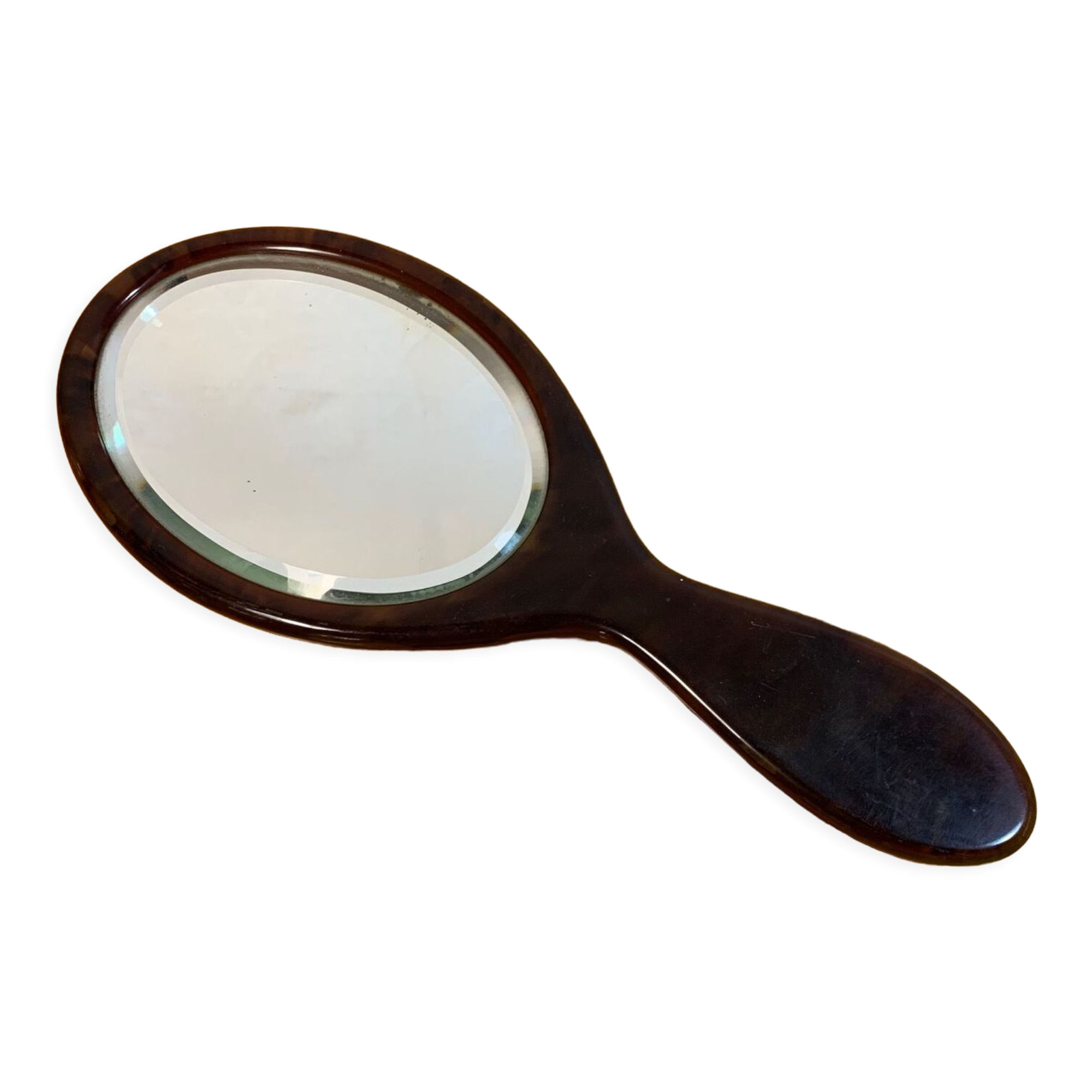 Oval hand-facing mirror imitation tortoiseshells