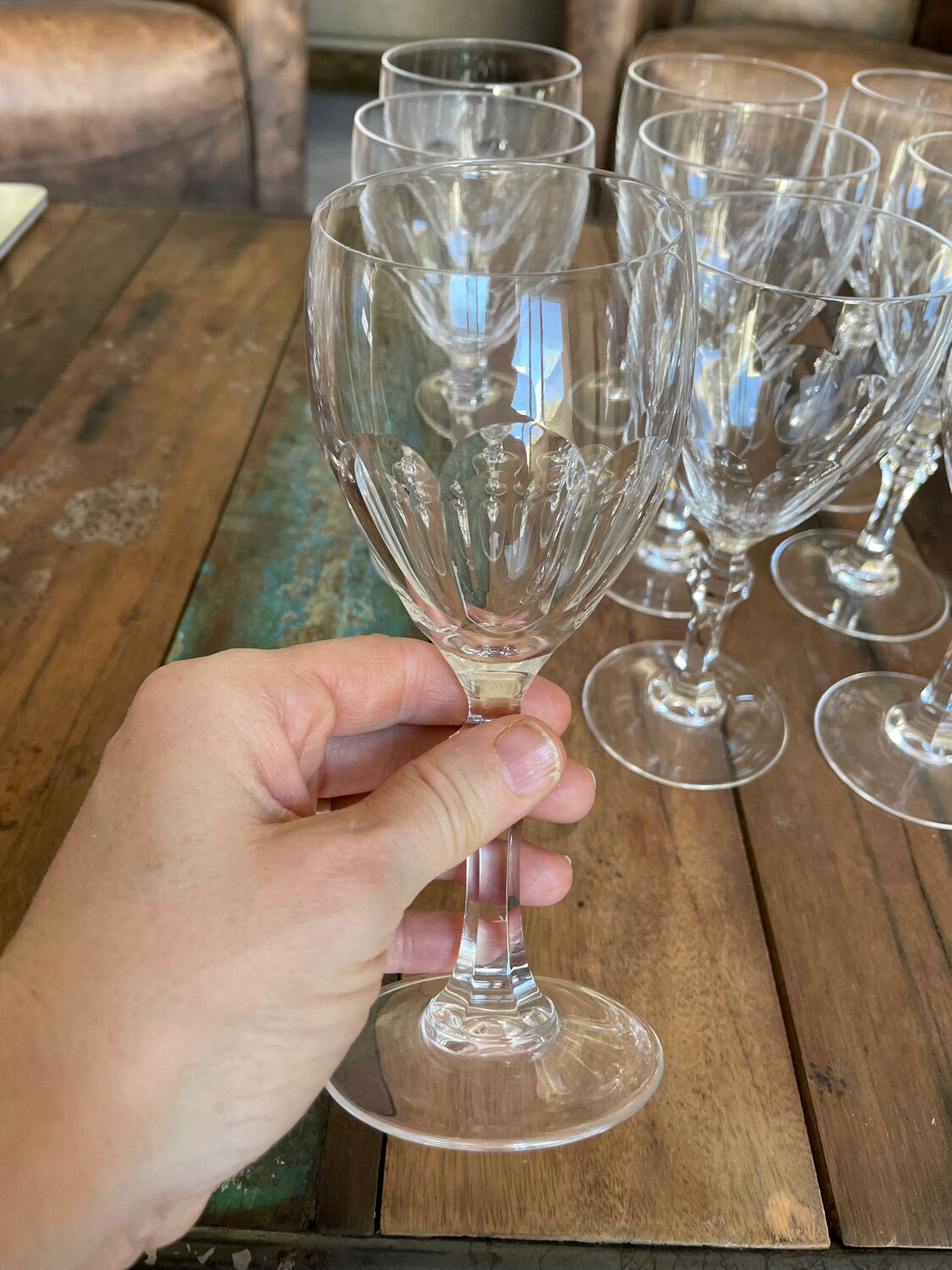 Set of nine cut crystal water glasses