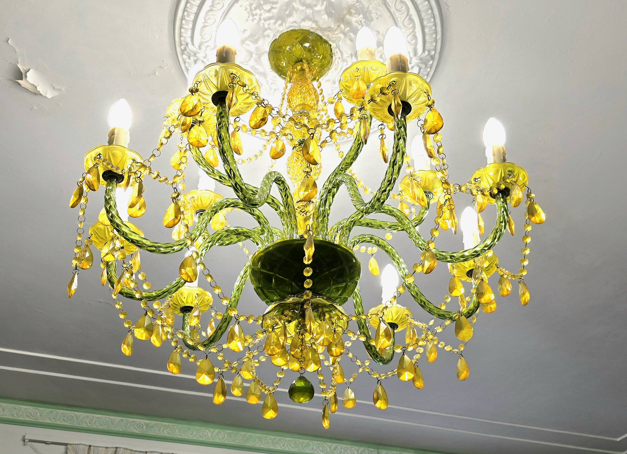 Large chandelier with glass and polypropylene pendants – 14 lights