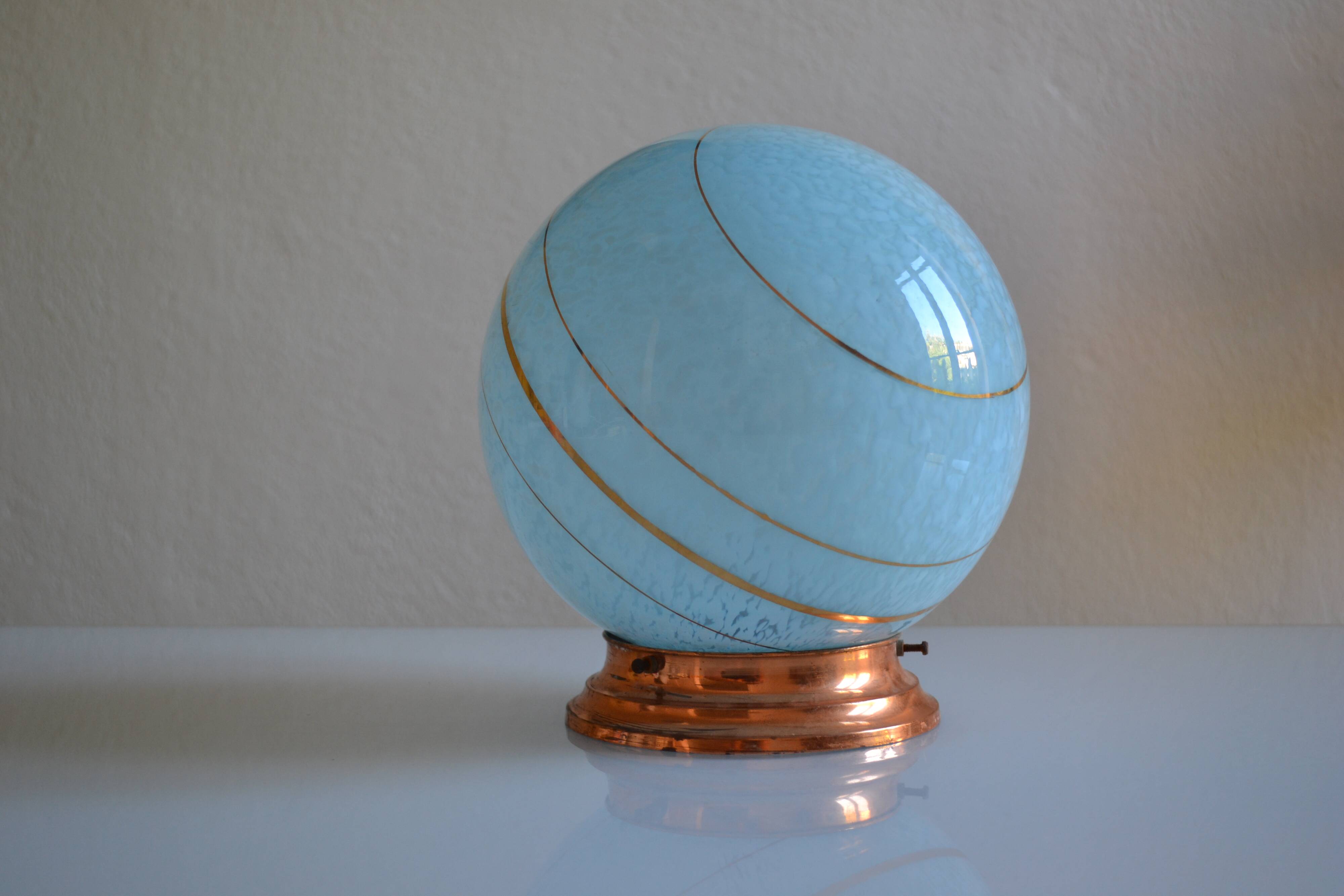 Art Deco table lamp with blue speckled opaline glass globe