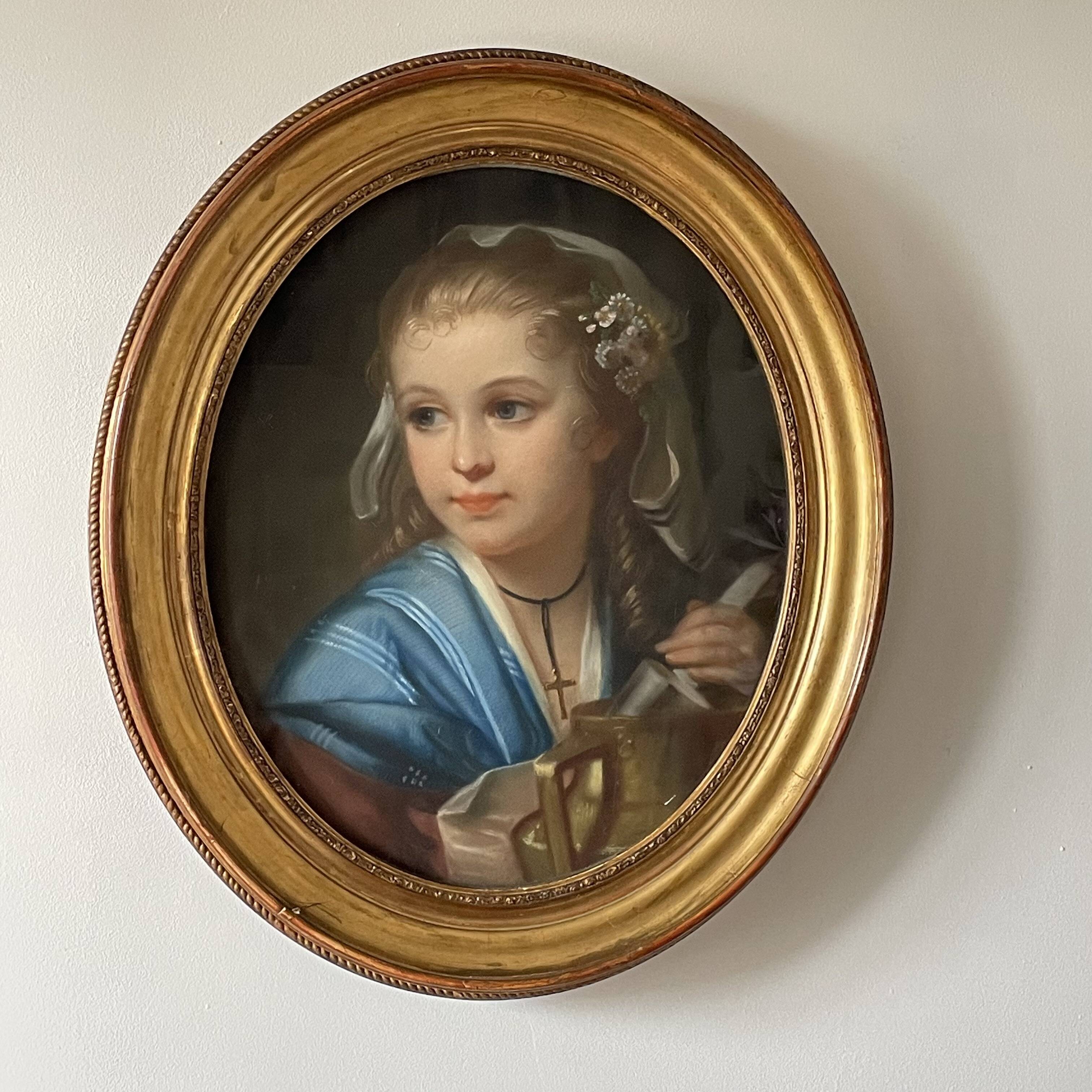 Portrait of a young girl in pastel from the 19th century.