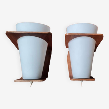 Pair of sconces in wood and frosted opaline Louis Kalff