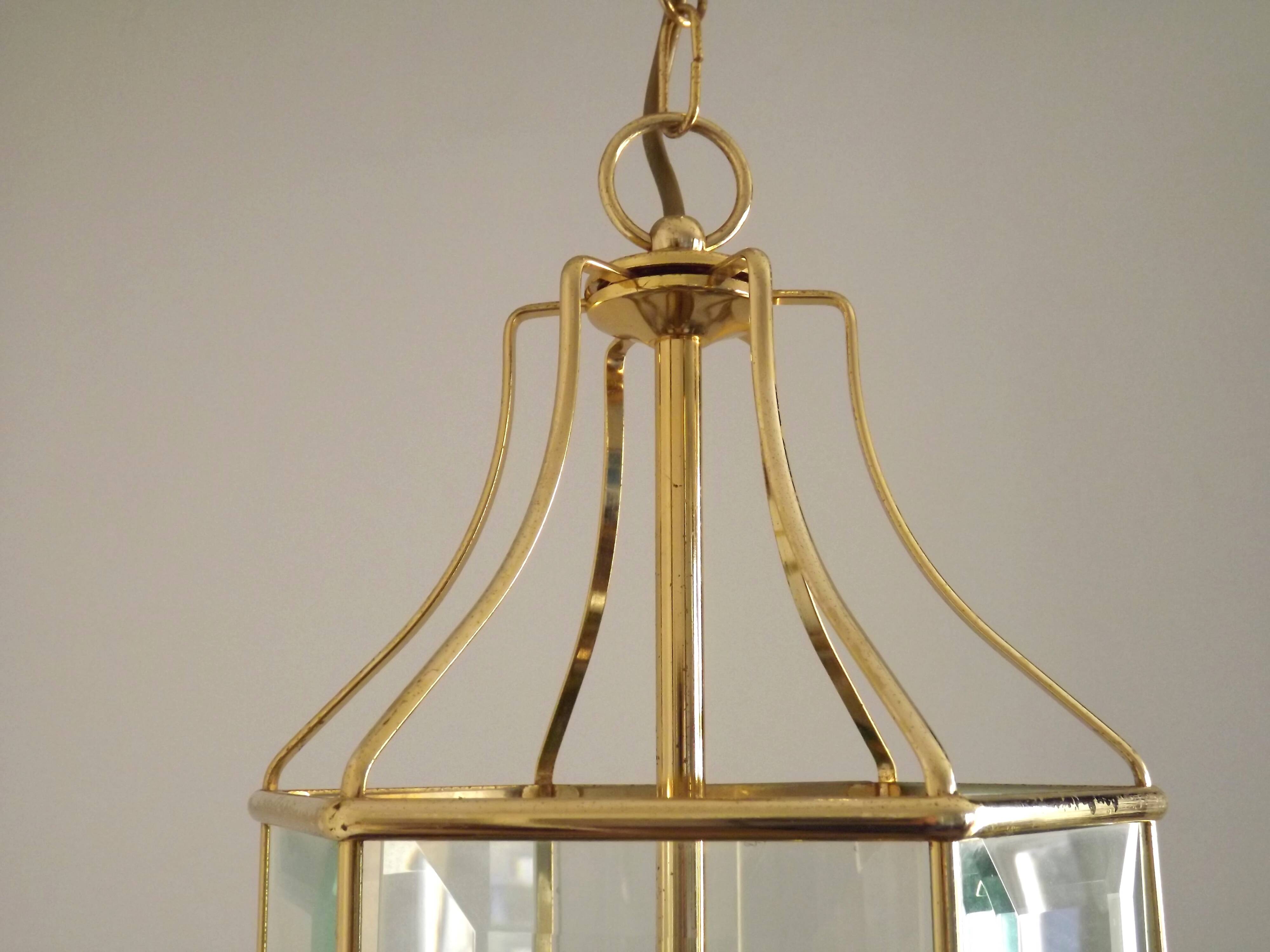 French Vintage 2 Light Hexagonal Gold Metal & Beveled Glass Hanging Light