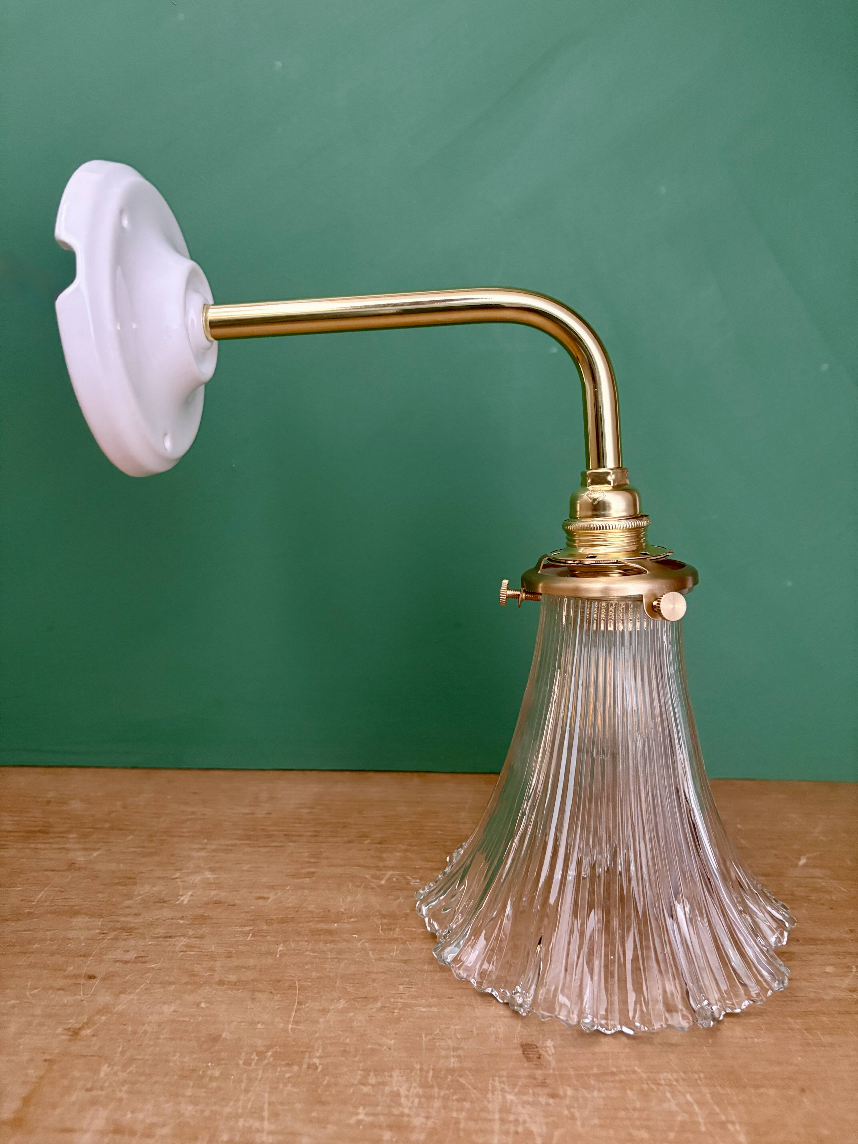 Vintage tulip angled wall light in holophane glass