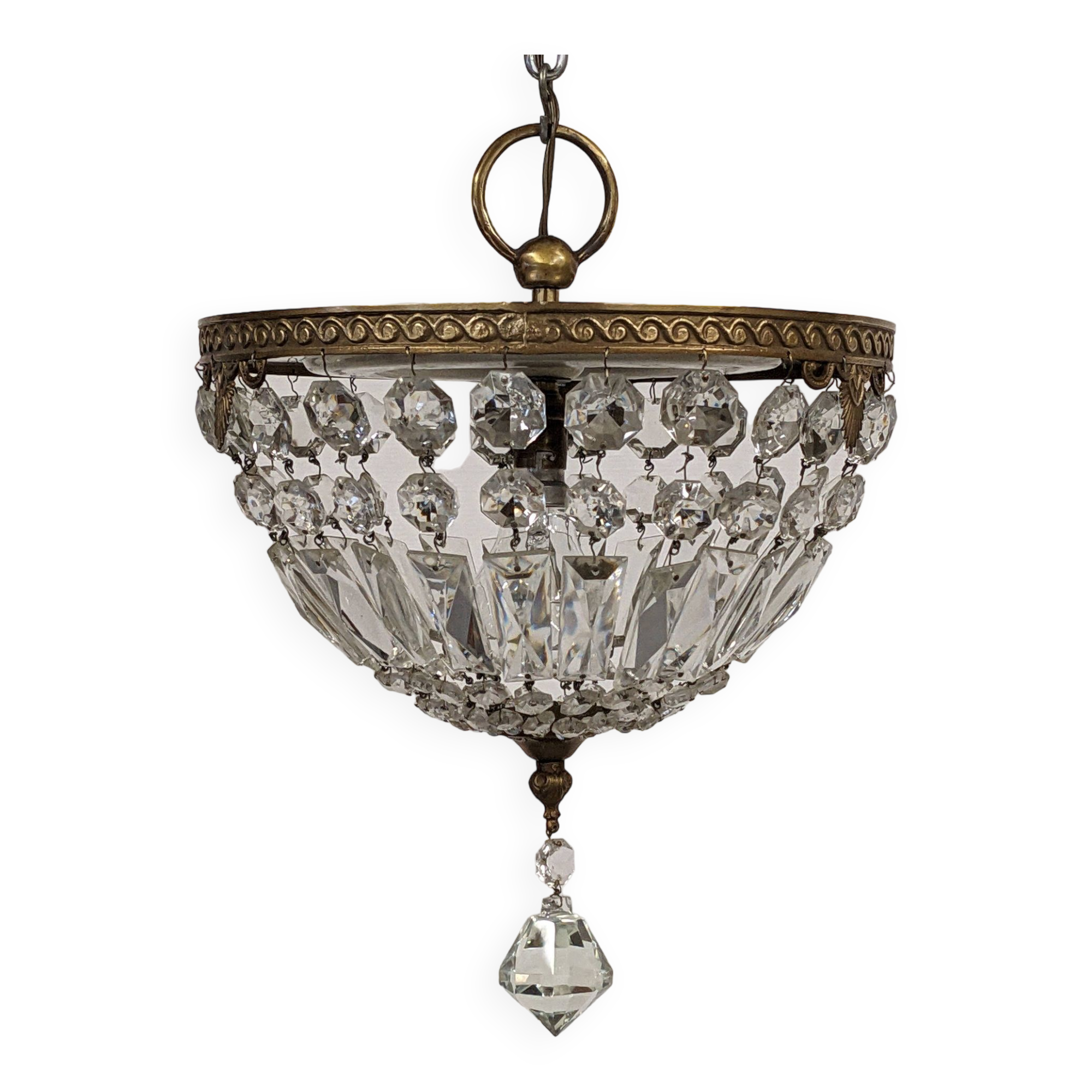 Louis XVI style bronze ceiling light and glass pendants