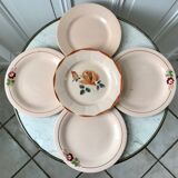 Set of 5 flat plates powder pink Digoin Sarreguemines and Longwy years 30-40