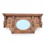 Dutch entryway wall coat rack / solid wood / carved decorations and mirror in the center / 1950s
