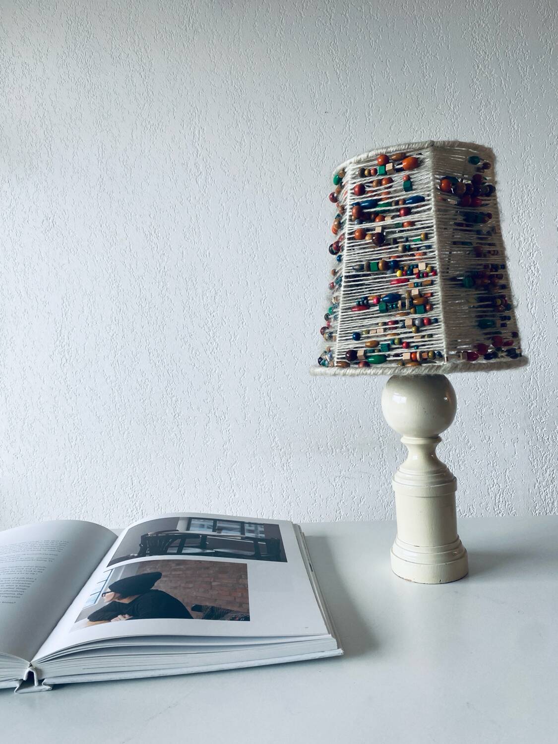 Lamp in turned wood and beads