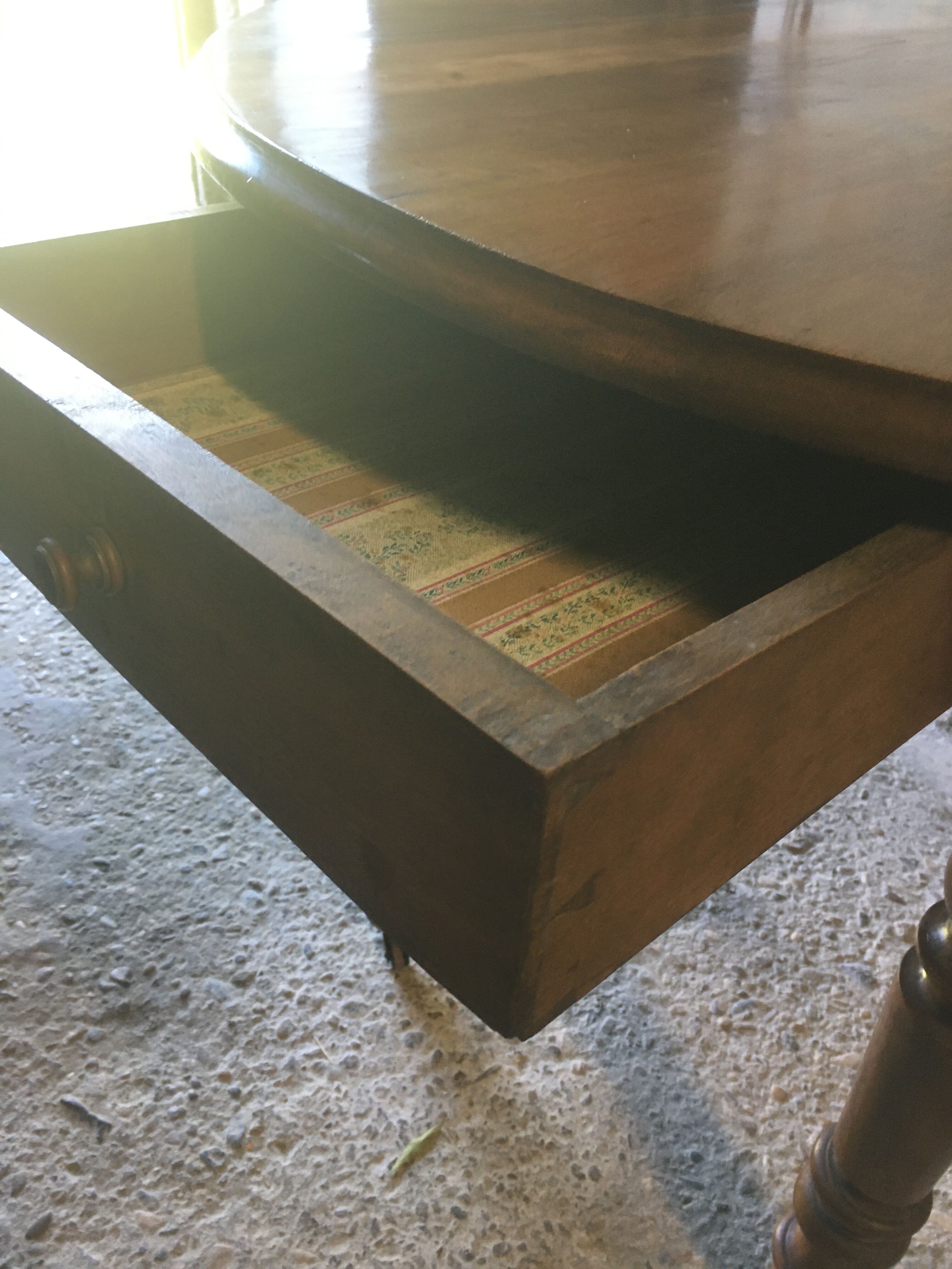 Walnut shutter table with drawer on wheels