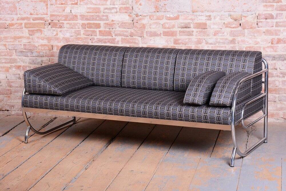 Bauhaus Sofa in Chrome and Fabric from Robert Slezak, Czech, 1930s