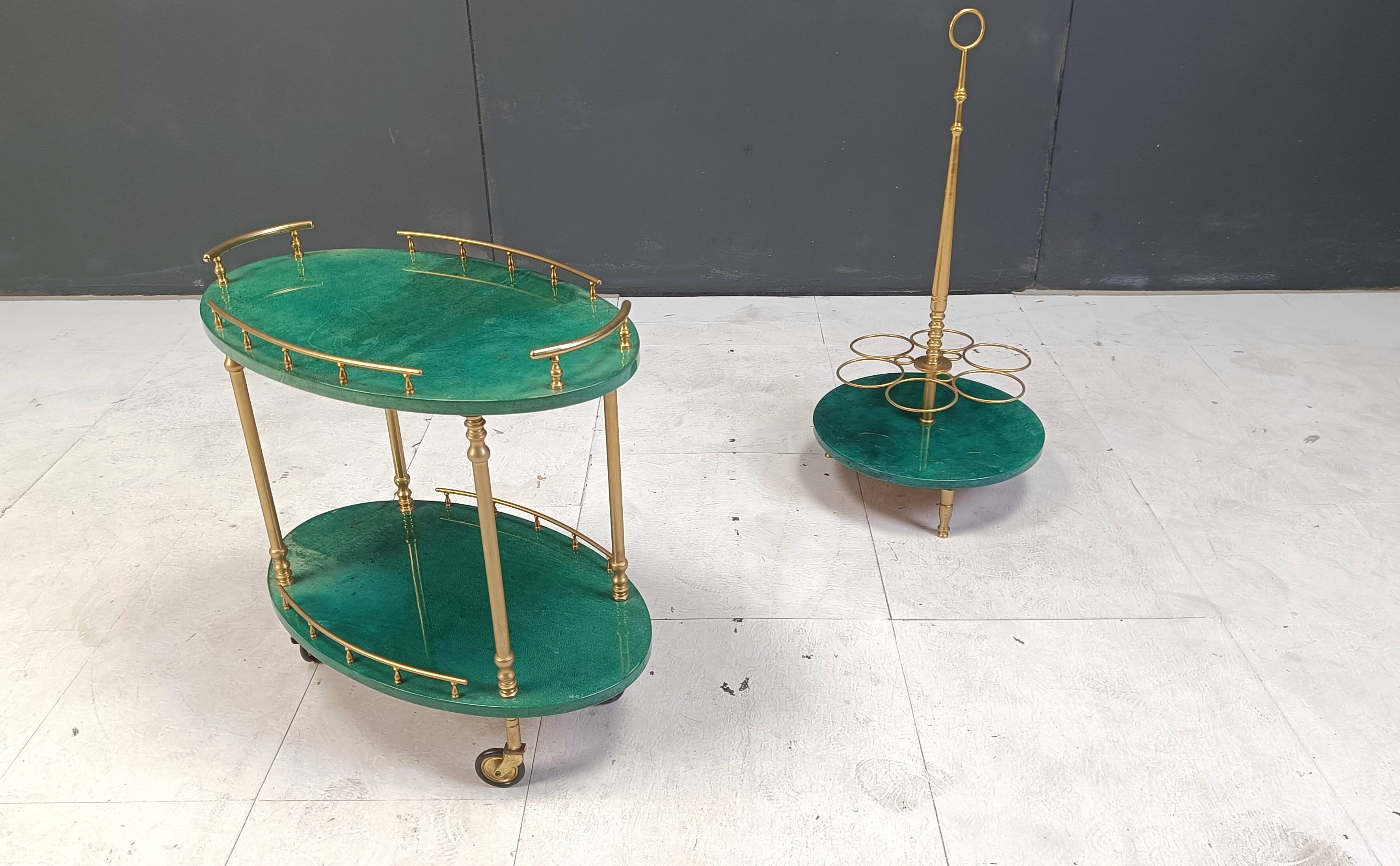 Italian Lacquered Goatskin Swan Bar Cart and wine bottle stand by Aldo Tura