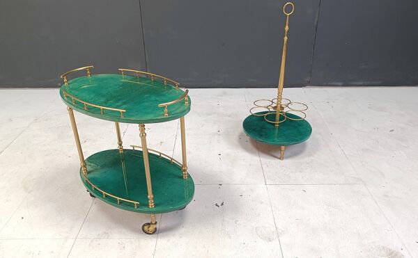 Chariot de bar et porte-bouteilles en peau de chèvre laquée italienne par Aldo Tura