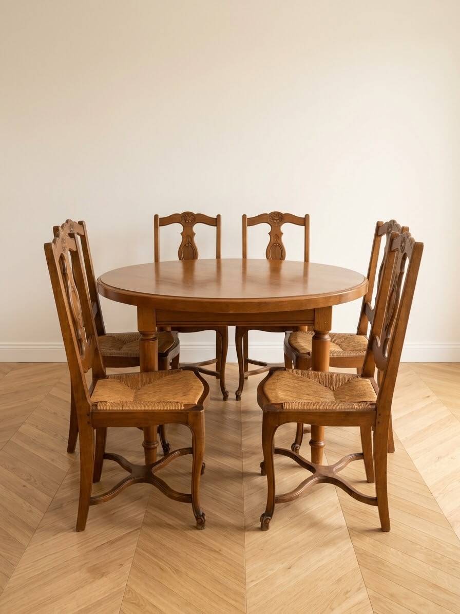 Ensemble table ronde et 6 chaises paillées en bois massif