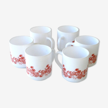 Lot 6 mugs arcopal vintage blanche a décor de fleurs orange