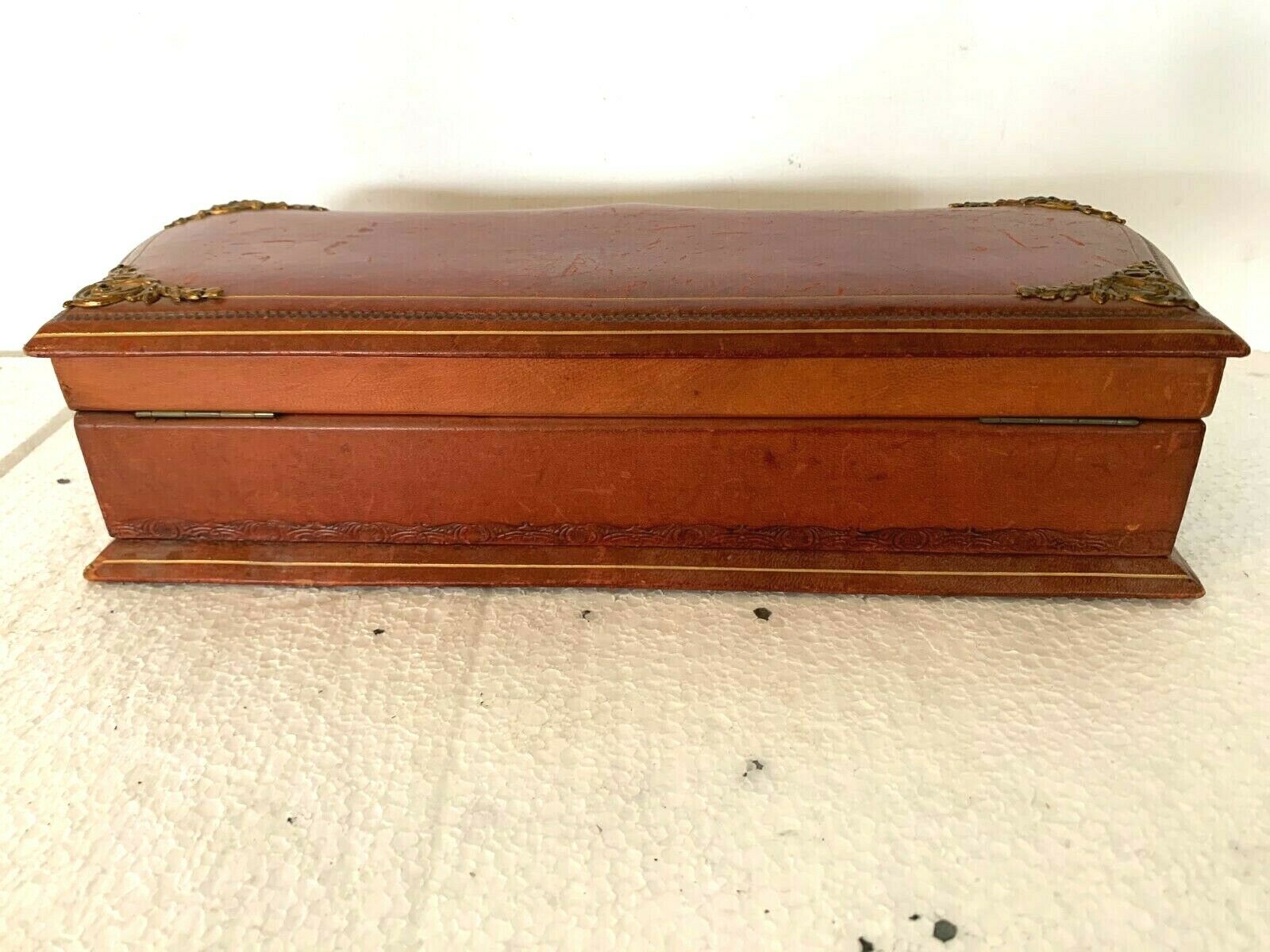 20th century leather jewelry and brass ornamentation box