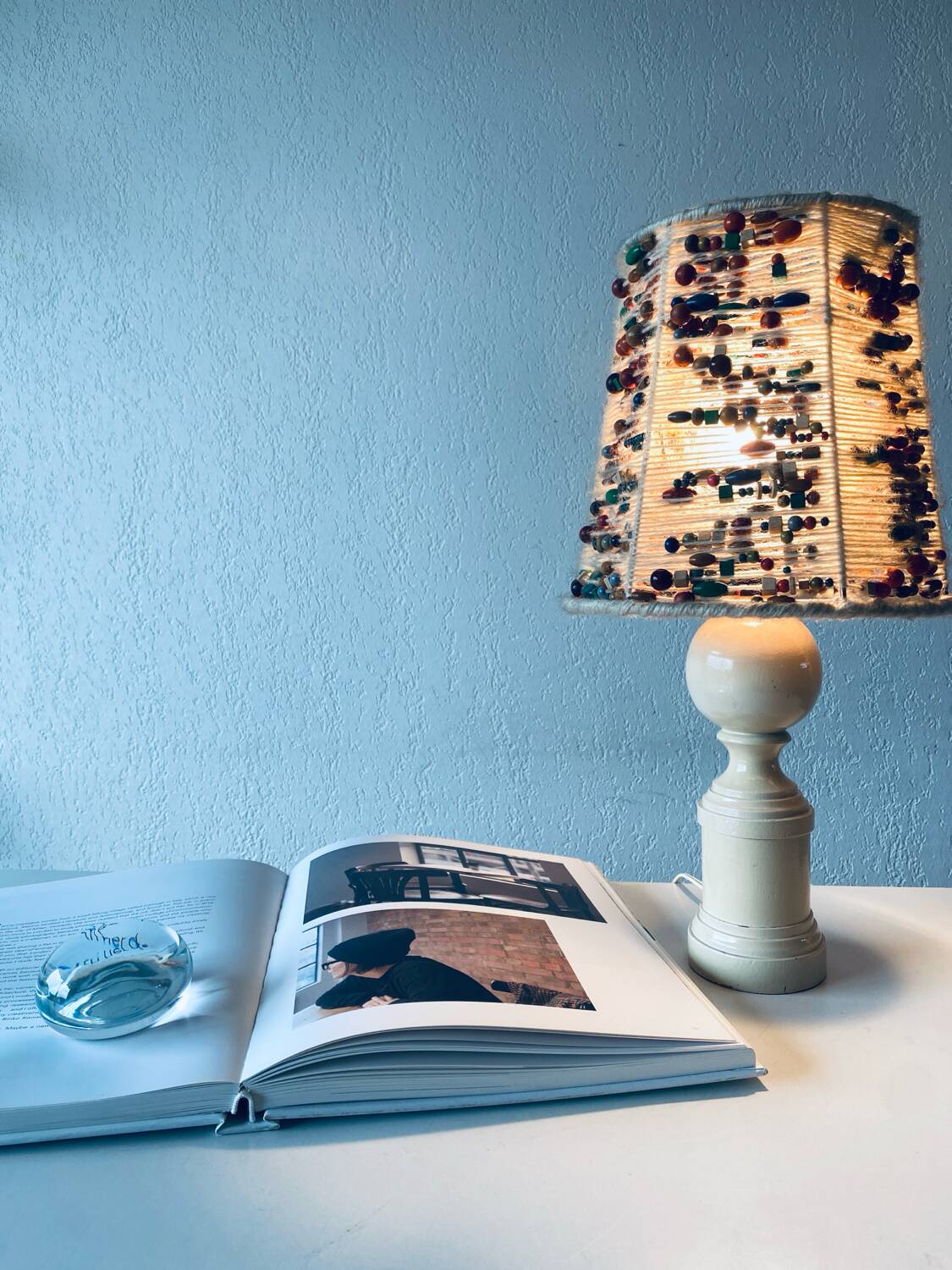 Lamp in turned wood and beads