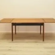 Danish extendable dining table, teak veneer, solid wood legs, leaf storage, 1970s