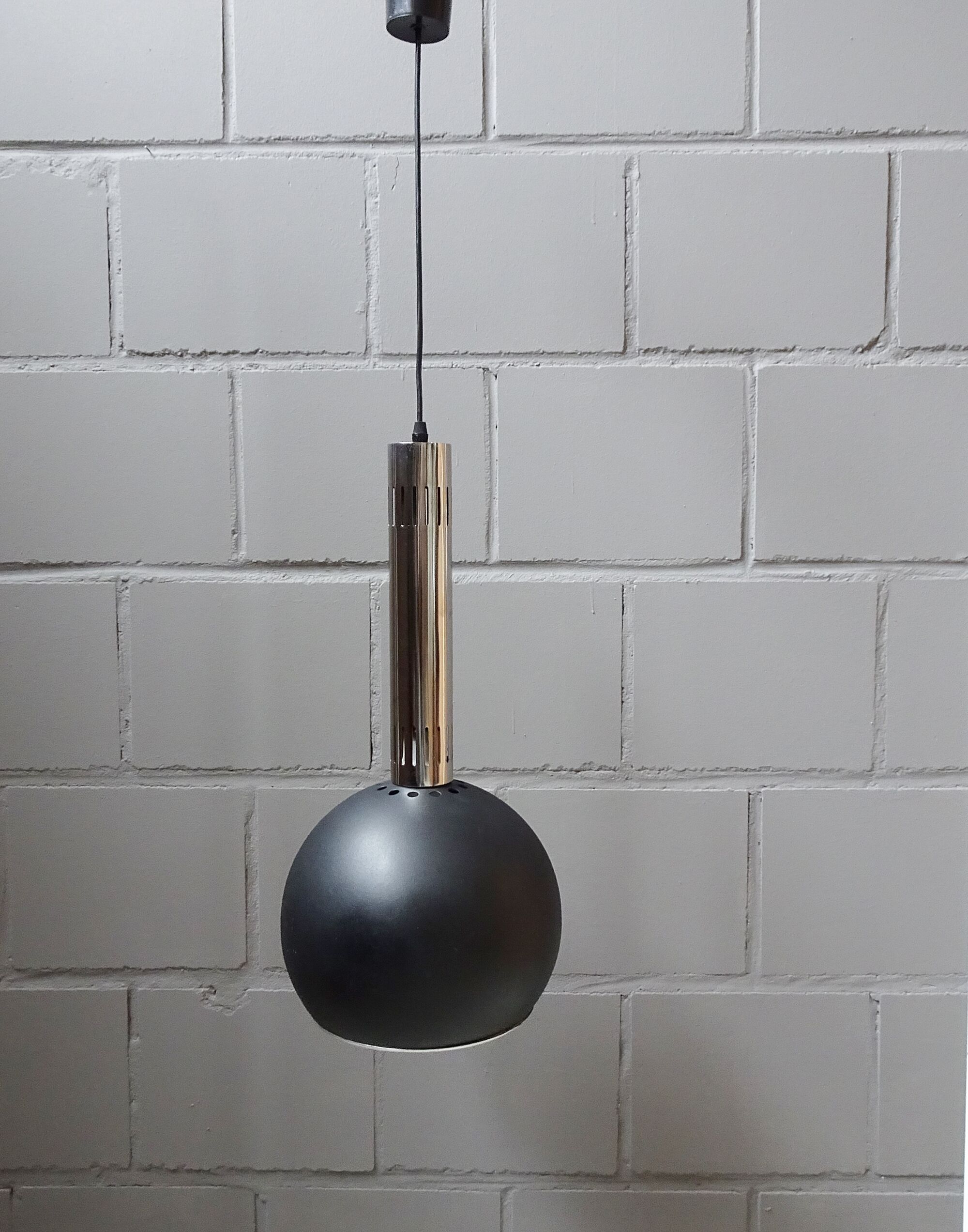 large industrial pendant lamp made of metal and chrome with black shrink lacquer, ball lamp 1960s