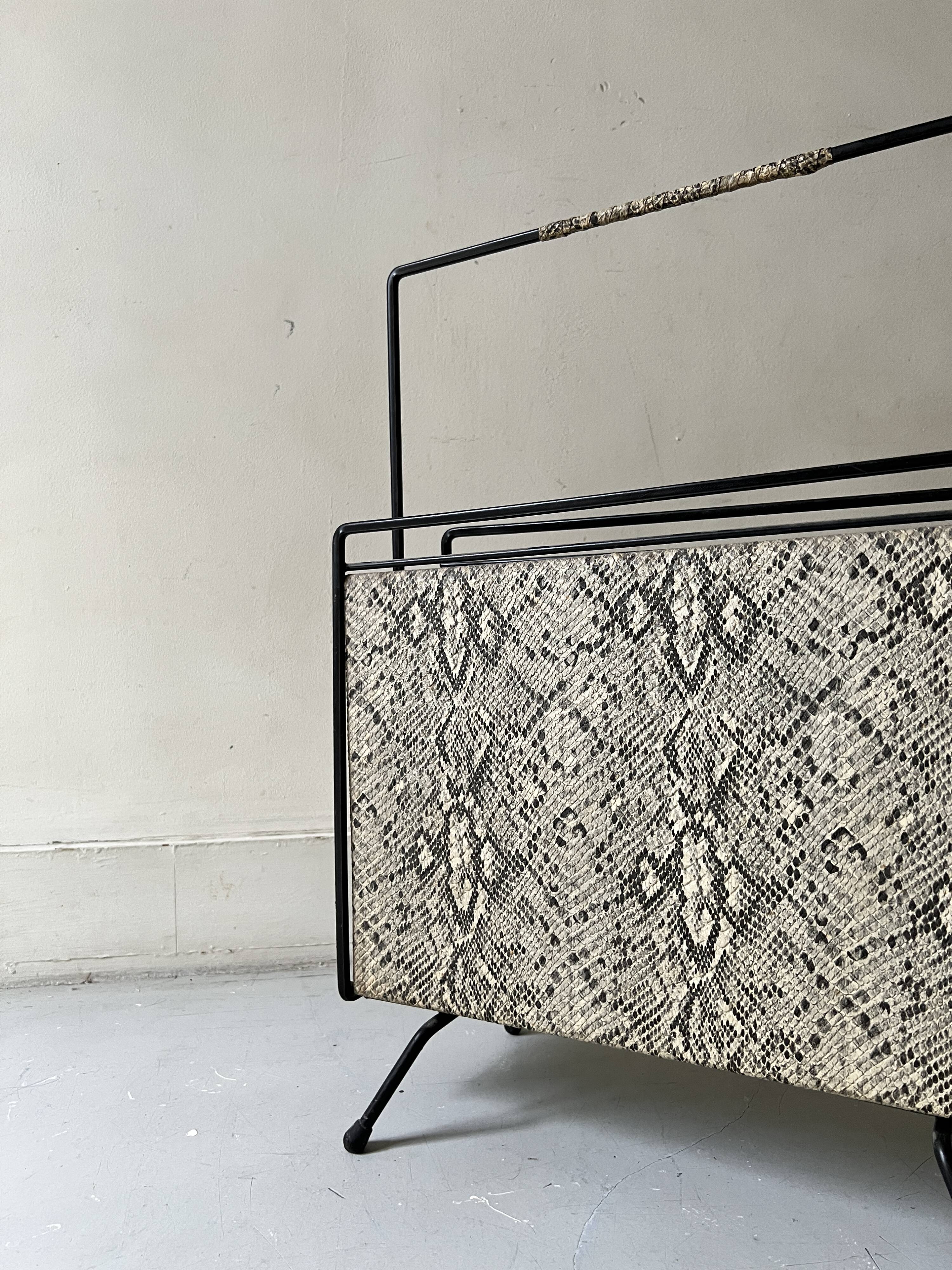 1970s design magazine rack in metal and python leather